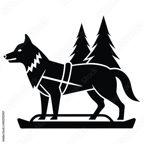 Sled Dog With Harness And Evergreen Trees Winter Vector Graphic Illustration.
