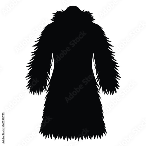 Black Silhouette Of A Fur Coat With Long Fluffy Fibers On White Background.