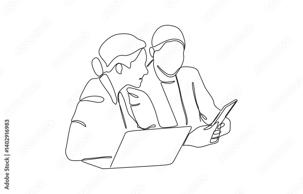 Continuous one line drawing company founders discussing innovation ideas, Single continuous line drawing of two young male and female startup founders. Continuous one line drawing company founders discussing innovation ideas, Single continuous line drawing of two young male and female startup founders.