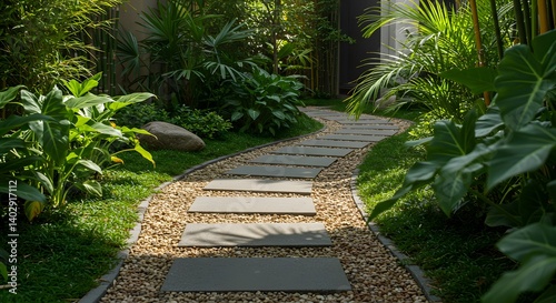 Tranquil Garden Path: Serene Stone Walkway Amid Lush Greenery