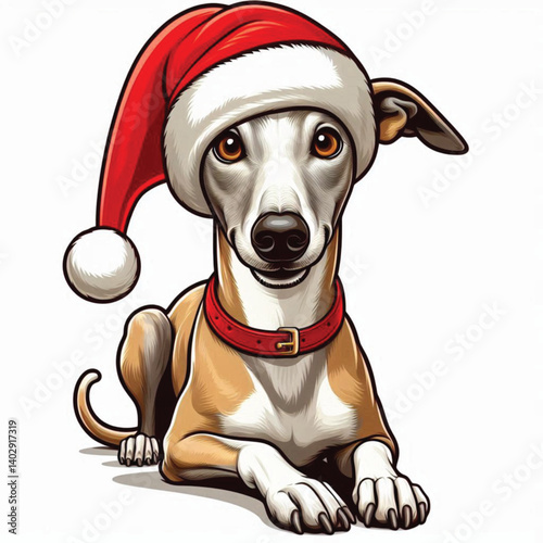 Christmas Greyhound Dog wearing santa claus hat Cartoon Vector Illustration isolated