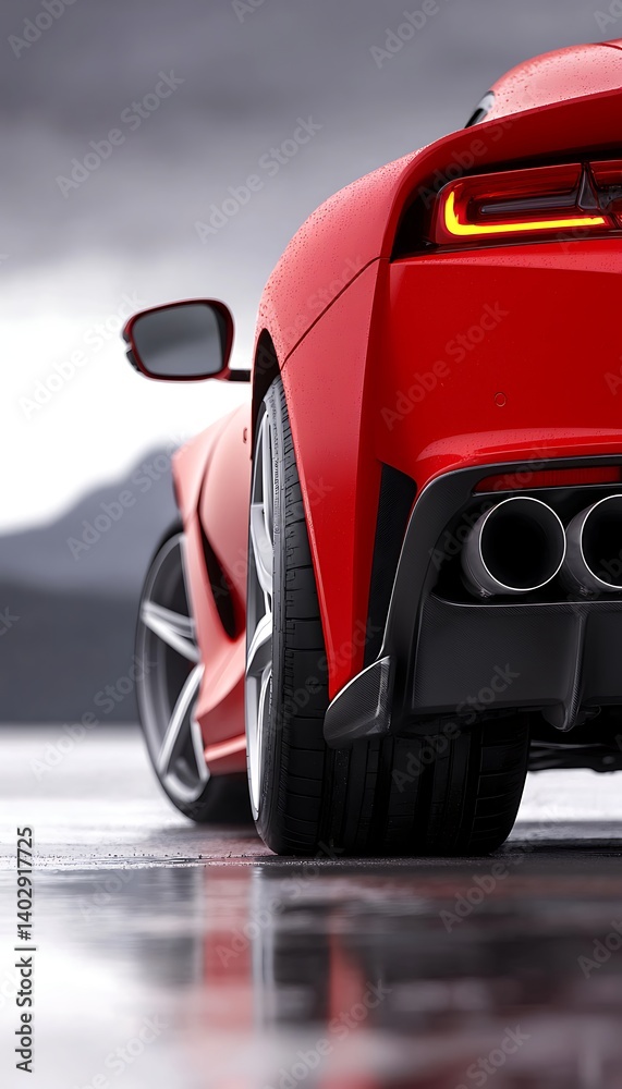 Red Sports Car, Wet Road