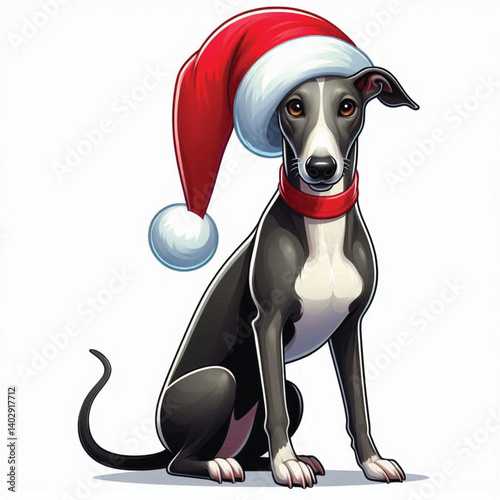 Christmas Greyhound Dog wearing santa claus hat Cartoon Vector Illustration isolated