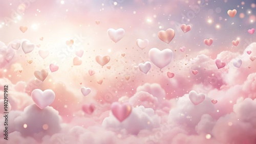 Romantic heartshaped balloons float amidst pastel clouds and sparkling lights, a dreamy valentine's day scene.