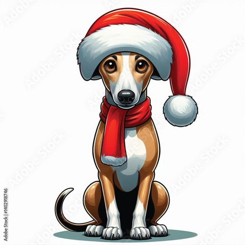 Christmas Greyhound Dog wearing santa claus hat Cartoon Vector Illustration isolated