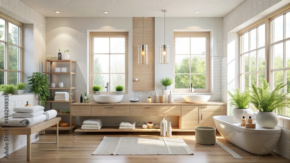 Serene and minimalist bathroom design featuring natural light, wooden accents, and lush greenery Serene and minimalist bathroom design featuring natural light, wooden accents, and lush greenery