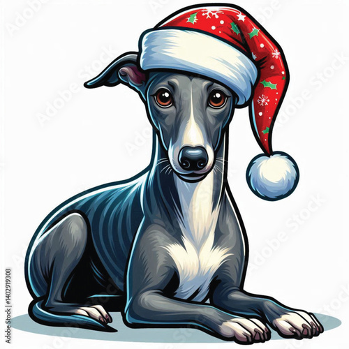 Christmas Greyhound Dog wearing santa claus hat Cartoon Vector Illustration isolated