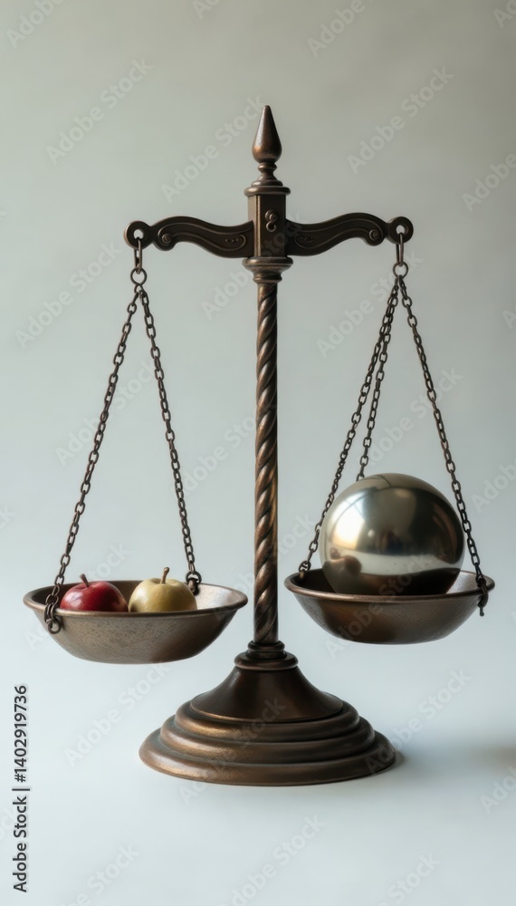 A set of scales with various weights including a large metal sphere , science, weights A set of scales with various weights including a large metal sphere , science, weights