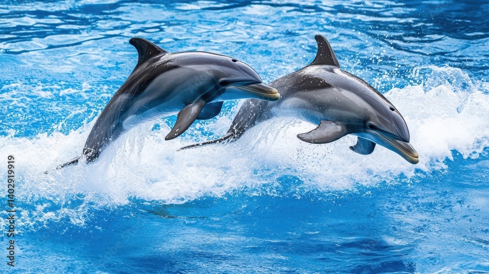 Naklejka premium Two playful dolphins leaping gracefully in a vibrant blue pool.