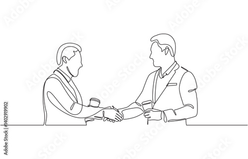 Continuous line drawing of two businessmen shaking hands, One line drawing of two businessmen in suitcase shaking hand and agree to deal a project. Single line drawing of business concept.