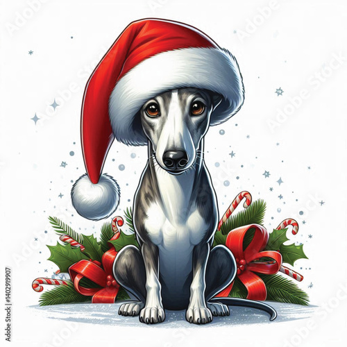 Christmas Greyhound Dog wearing santa claus hat Cartoon Vector Illustration isolated