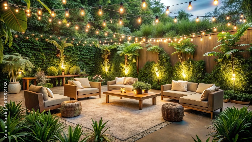 Obraz premium Serene Evening Ambiance in a Lush Outdoor Patio with Warm Lighting and Comfortable Seating