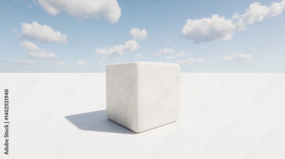 A white cube sits on a white surface, casting a shadow, with a blue sky and fluffy white clouds in the background. A white cube sits on a white surface, casting a shadow, with a blue sky and fluffy white clouds in the background.
