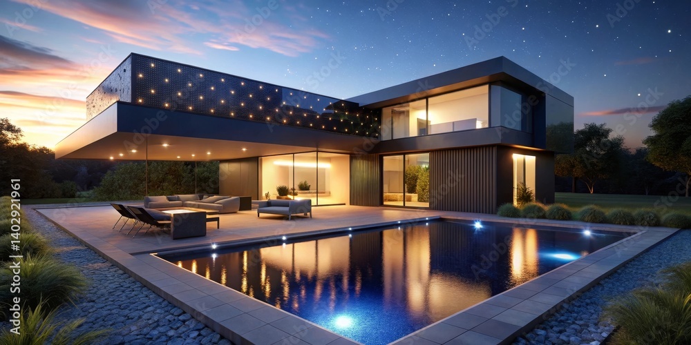 Fototapeta premium Modern Architectural Design of a Luxury Residence at Dusk with a Swimming Pool and Landscaped Grounds