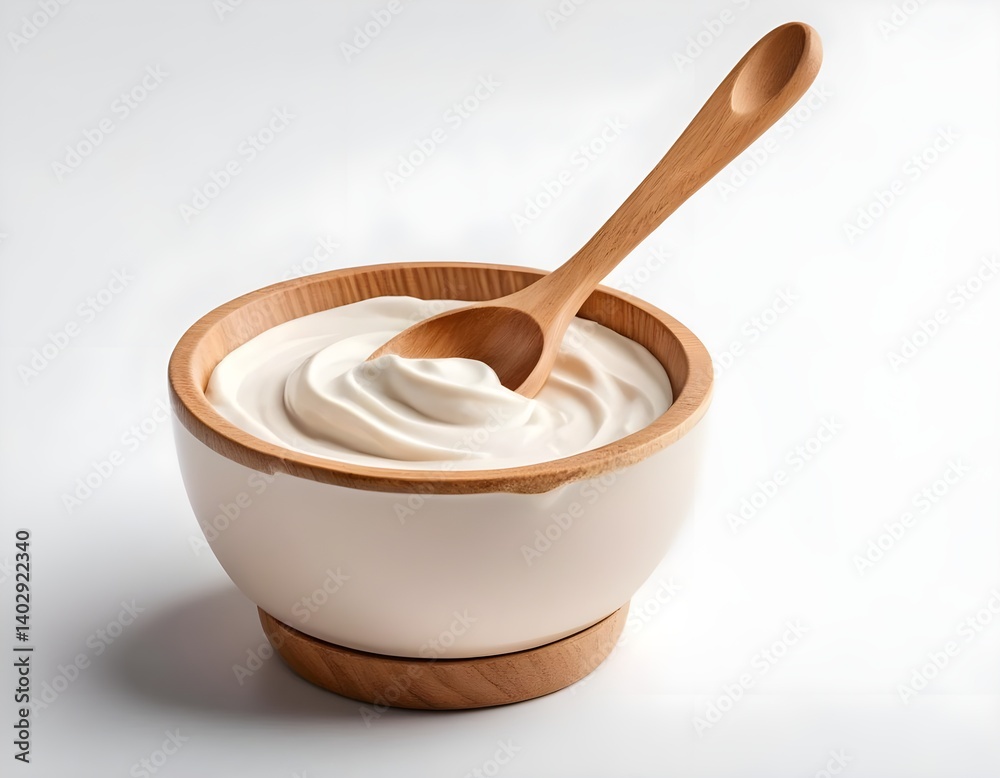 Creamy Yogurt in Wooden Bowl with Spoon Creamy Yogurt in Wooden Bowl with Spoon