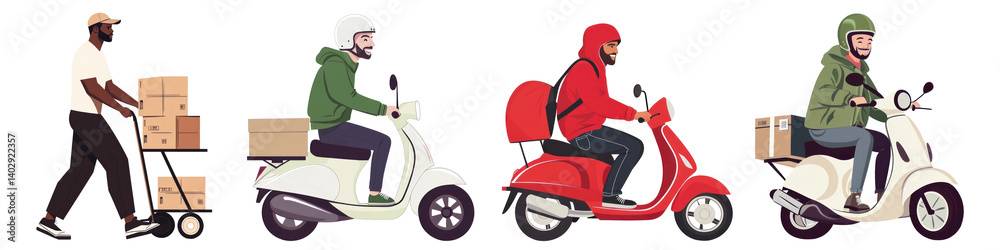 PNG Urban delivery scooters illustration, element set on transparent background PNG Urban delivery scooters illustration, element set on transparent background