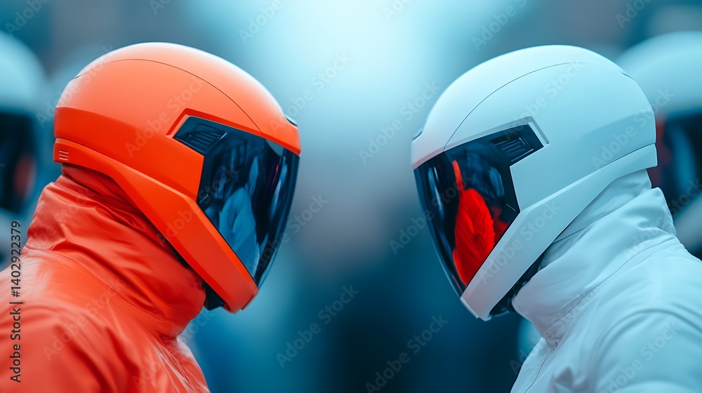 Two Humanoid Robots in Orange and White Helmets Face Each Other Against a Blurred Blue Background Two Humanoid Robots in Orange and White Helmets Face Each Other Against a Blurred Blue Background