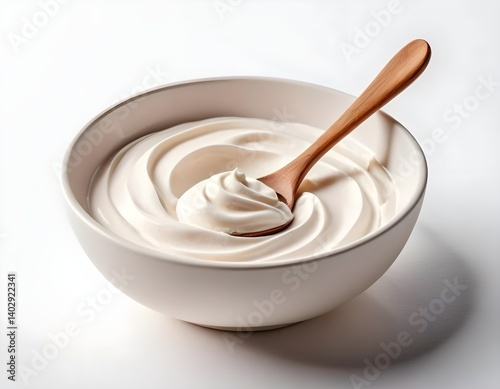 Creamy Yogurt in Bowl with Wooden Spoon