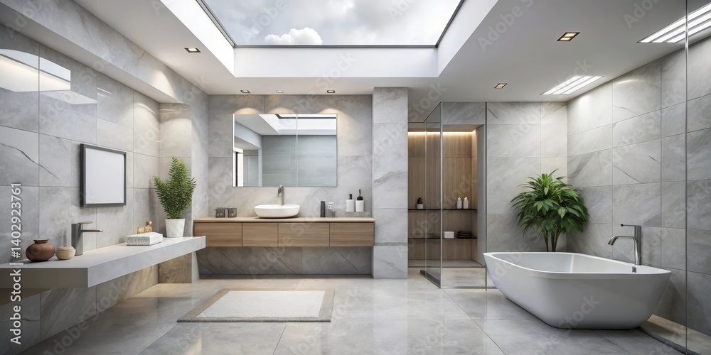 Modern minimalist bathroom design with skylight, floating vanity, and freestanding bathtub Modern minimalist bathroom design with skylight, floating vanity, and freestanding bathtub
