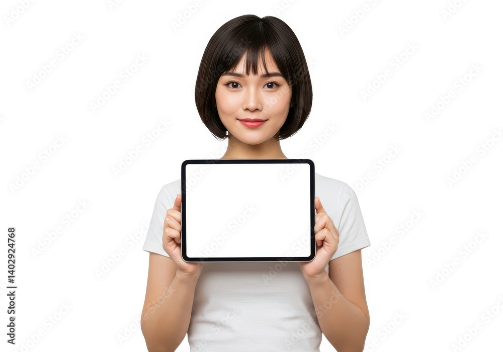 Woman holding tablet mockup with blank screen for advertising isolated on white background Woman holding tablet mockup with blank screen for advertising isolated on white background
