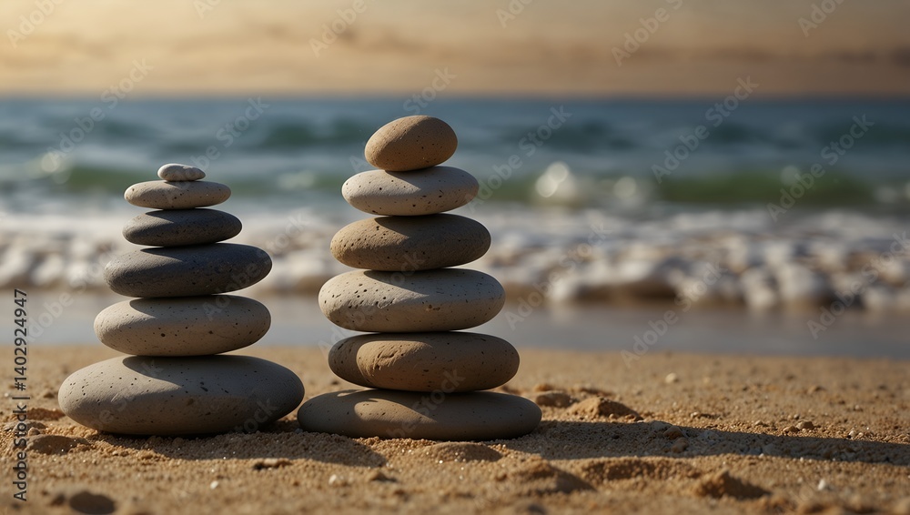 Stacked zen stones sand background art of balance concept Stacked zen stones sand background art of balance concept