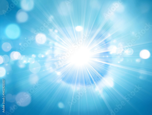 a bright radiant sphere or orb at its center, emitting light rays in all directions. The background is a gradient of blue hues, creating a calming and ethereal atmosphere.