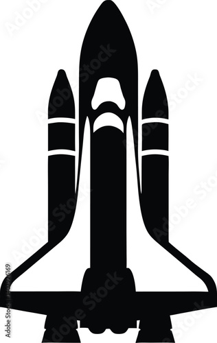 Black and white silhouette of a space shuttle during launch, perfect for branding, digital art, and transportation-related design.