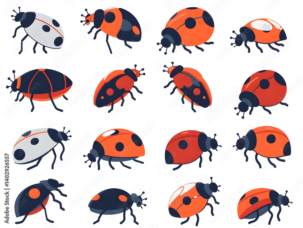 Obraz premium flat vector ladybug icons in crawling and flying poses, clean bold outlines and bright red shell, modern cartoon bug clipart, isolated on white background