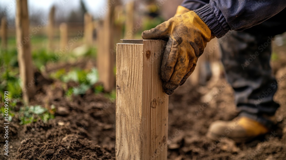Obraz premium Fence installer securing a wooden post into the ground. Featuring precision and property enhancement