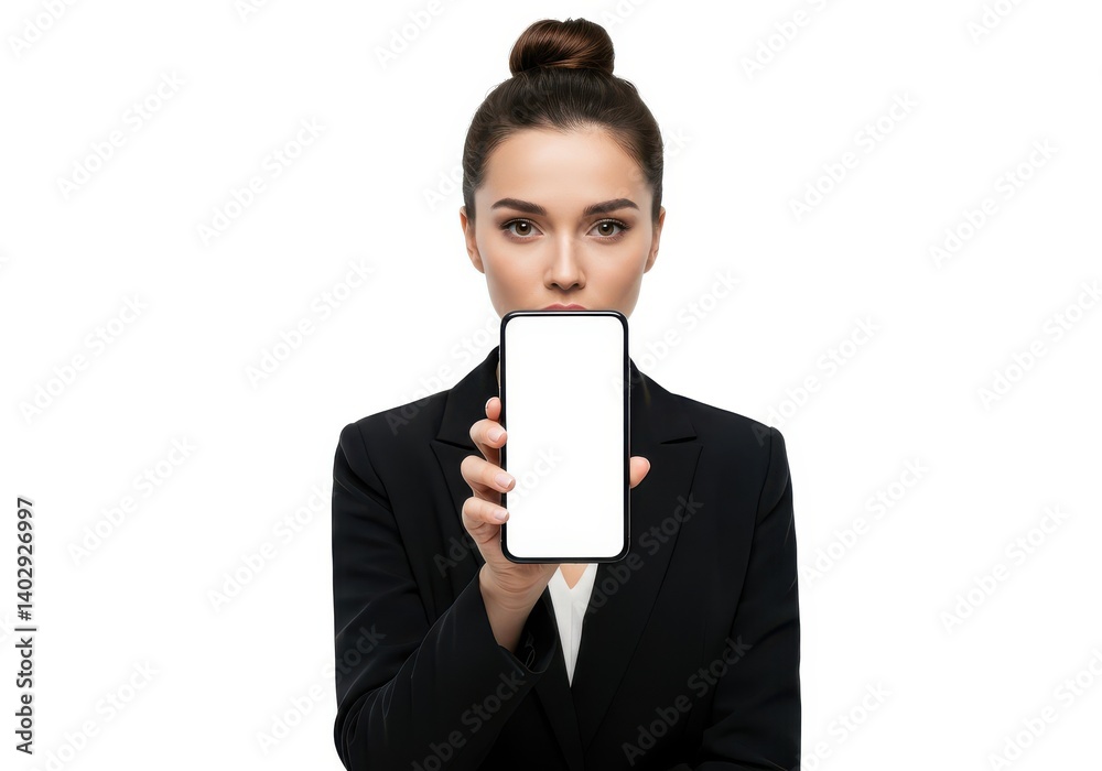 Woman presenting mobile phone with blank screen for mockup use isolated on white background Woman presenting mobile phone with blank screen for mockup use isolated on white background