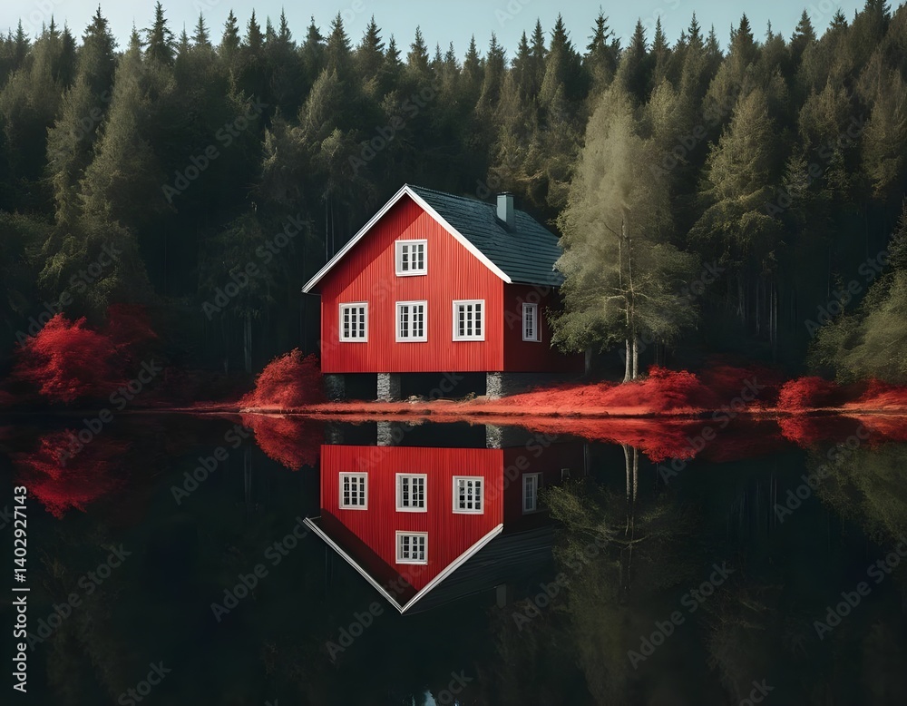 Obraz premium Red Cabin Reflection on Calm Lake