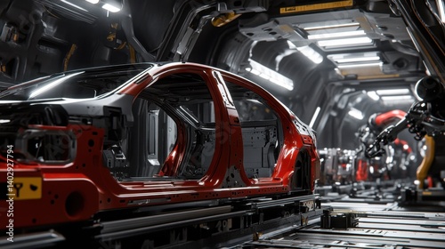 Wallpaper Mural Red car body moving along assembly line in futuristic car factory Torontodigital.ca