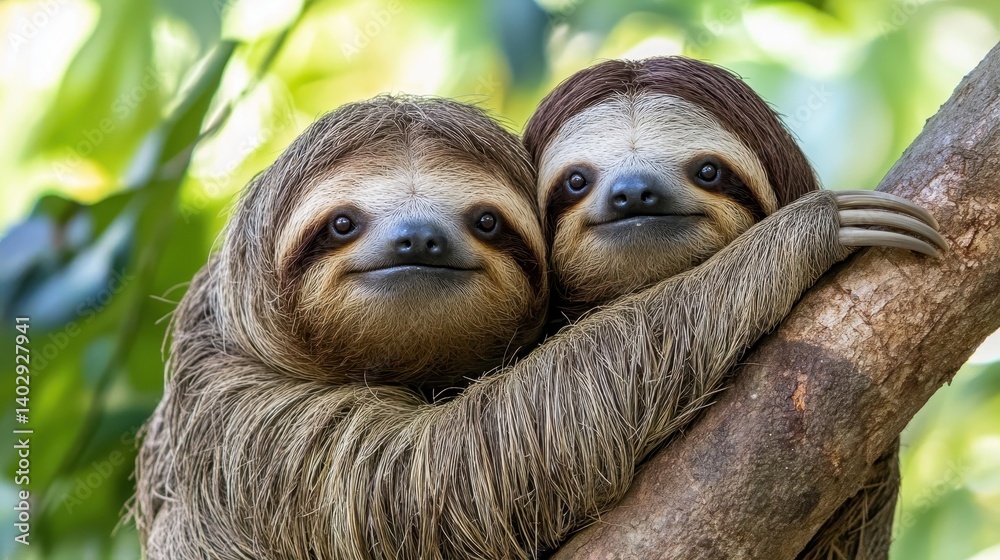 Fototapeta premium Two adorable sloths cuddling in a tree.