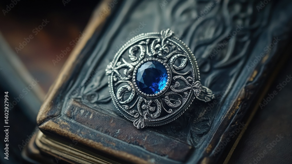 An antique silver brooch with a prominent sapphire centerpiece on a book An antique silver brooch with a prominent sapphire centerpiece on a book