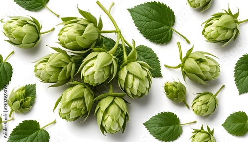 Fresh Green Hops and Leaves on White Background