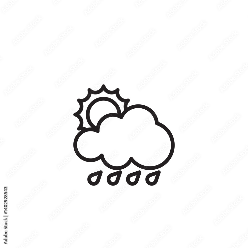 A line drawing depicting a partly sunny and rainy weather condition. The sun is partially visible behind a cloud, with four raindrops falling below. A line drawing depicting a partly sunny and rainy weather condition. The sun is partially visible behind a cloud, with four raindrops falling below.