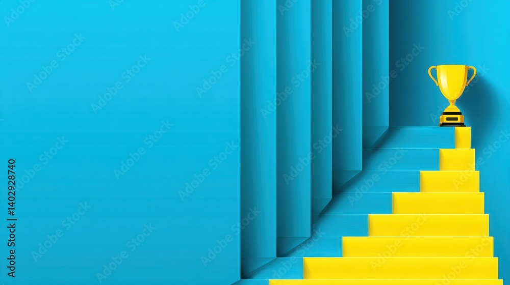 Obraz premium A yellow trophy floating above a podium step on a blue background symbolizing achievement, success, and recognition