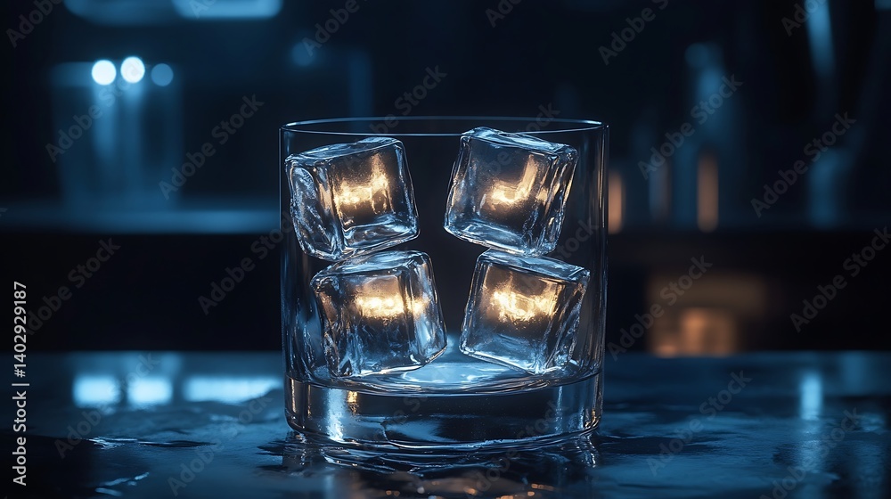 A set of ice cubes with glowing edges suspended in a transparent glass against a dark, minimalistic backdrop A set of ice cubes with glowing edges suspended in a transparent glass against a dark, minimalistic backdrop