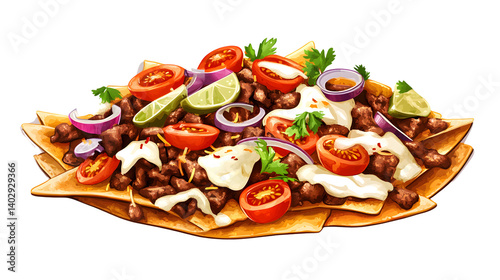 Delicious Beef and Cheese Loaded Nachos with Fresh Tomatoes - Gourmet Food Photography