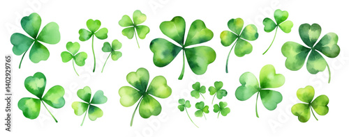 Set of watercolor clover leaves isolated on white background.