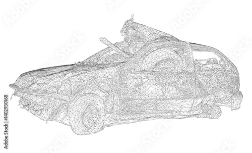 A car is shown in a black and white drawing. The car is in a wrecked state, with its front end crushed and its hood open. The drawing conveys a sense of destruction and chaos