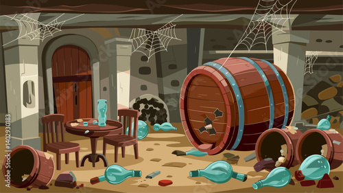 Explore a spooky, abandoned cellar filled with cobwebs, broken barrels, and scattered bottles. Perfect for spooky themes or rustic décor.
