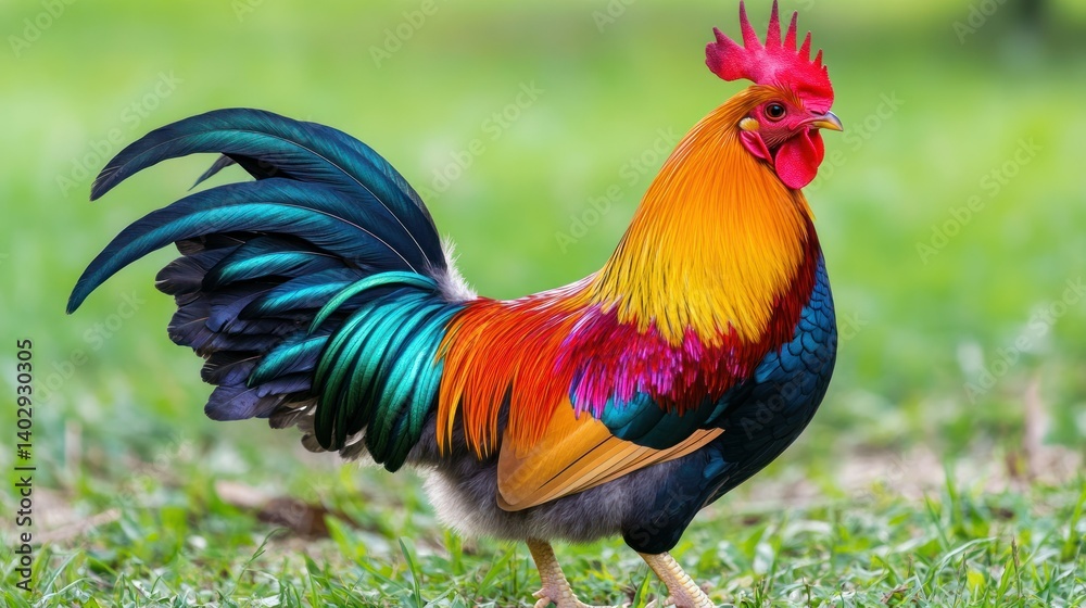 A beautiful rooster with vibrant plumage standing in a field A beautiful rooster with vibrant plumage standing in a field