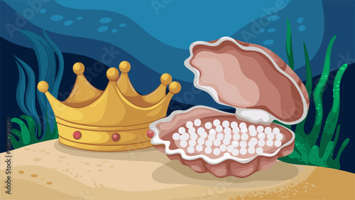 Explore the magical underwater world with this vibrant illustration featuring a crown and an open oyster filled with pearls.
