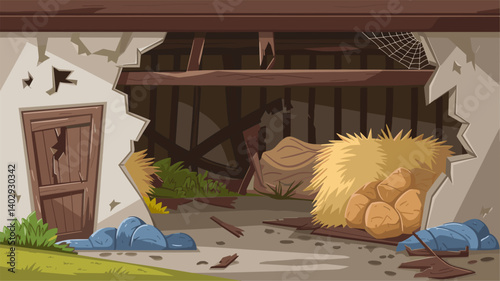 Explore the rustic charm of this abandoned barn, featuring hay bales, cracked walls, and a dusty, overgrown floor.