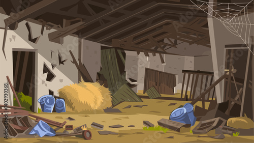 Explore this vivid illustration of an abandoned barn, featuring crumbling walls, scattered debris, hay bales, and a touch of nostalgia.