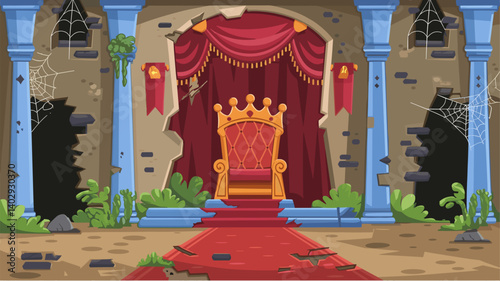 A captivating illustration of a decaying throne room, featuring an ornate, abandoned throne, tattered curtains, and spiderwebs, perfect for fantasy-themed projects.