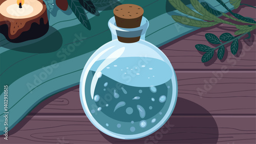 A beautifully crafted glass potion bottle with a cork stopper, filled with a shimmering, magical liquid, surrounded by nature-inspired elements.