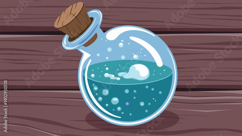 A whimsical illustration of a round glass bottle filled with a bubbling blue potion. The cork stopper enhances its enchanting appearance, perfect for fantasy-themed projects.