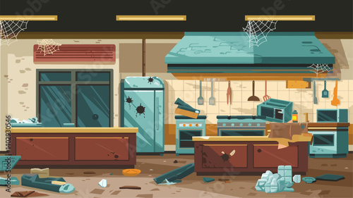 Explore this detailed illustration of an abandoned kitchen, featuring scattered debris, cobwebs, and vintage appliances, perfect for creative projects.